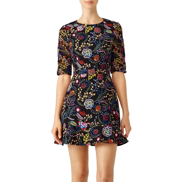 SALONI CELIA BLACK COLORFUL FLORAL PRINT SHEER LACE 1/2 SLEEVES MINI DRESS - Picture 10 of 12
